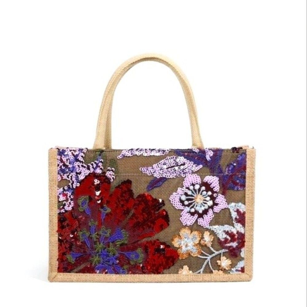 Sequin Embroidery Floral Stitching Linen Tote Bag NWT